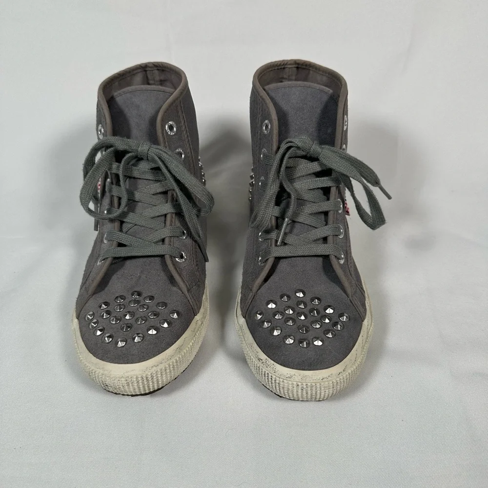 Superga Gray Suede Leather With Silver Studs, Grunge Black Smudged Sole